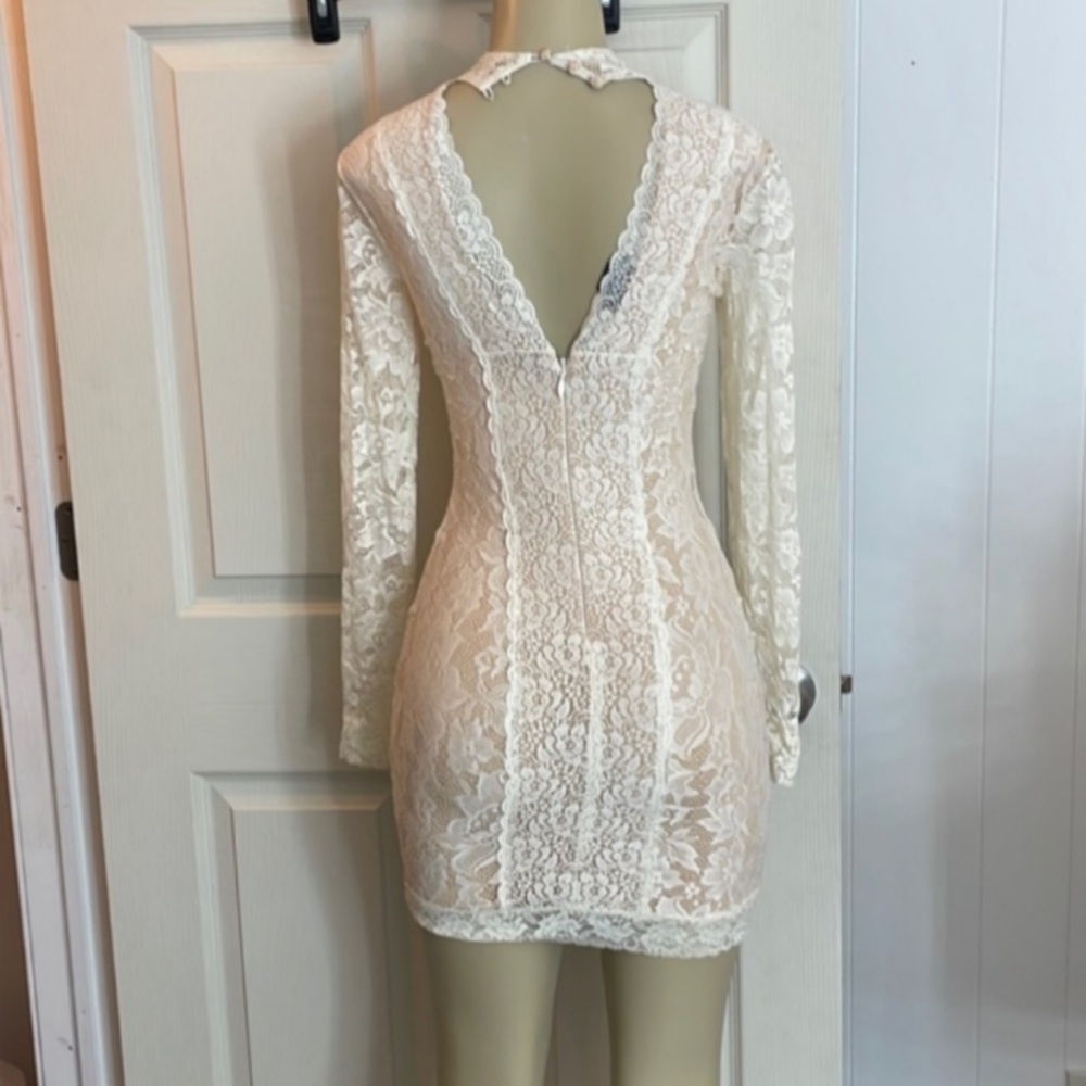 BEBE Cream Floral Lace Choker Mock Neck Mini Dress - Picture 9 of 12